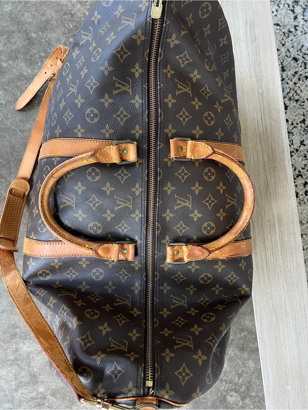 Louis Vuitton Brown Monogram Travel Duffel with Tan Leather Trim - Picture 5 of 7